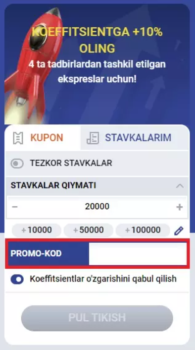 Mostbet promokodlarini kiritish joyi